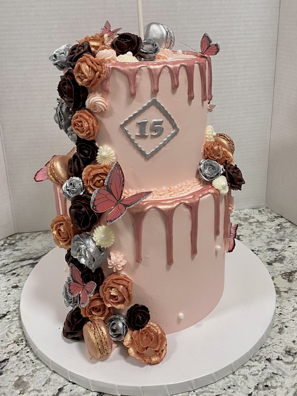 Picture of 2-tier cake with Rose Gold, Silver and Burgundy Roses for Quinceñera
