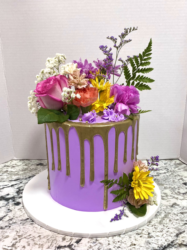 Picture of Purple Buttercream Cake with Gold Drip and Colorful Flowers