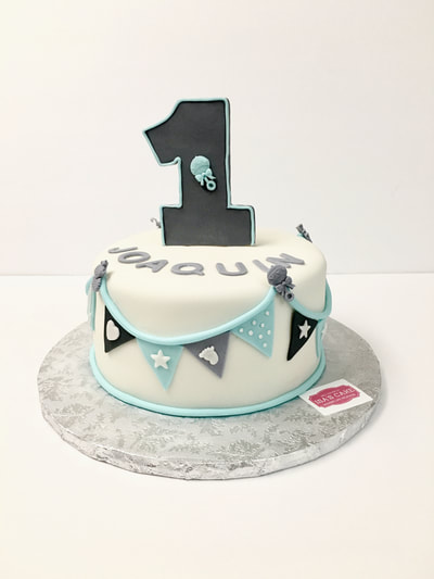 Baby Boy First Birthday Cake, Blue and Gray