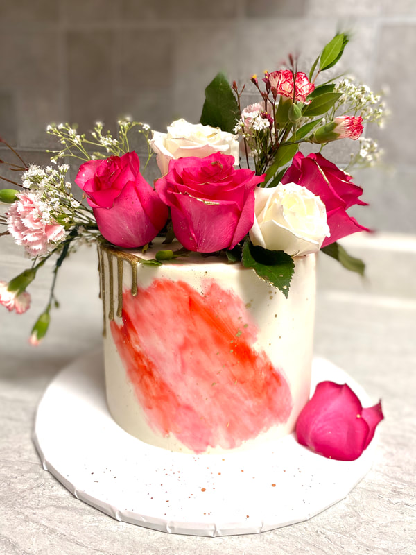 Picture of Pink Watercolor Fondant Cake with Pink and White Roses