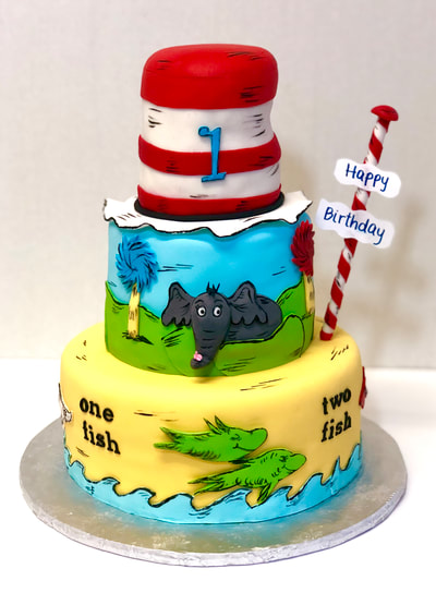 Dr Seuss Birthday cake, Cat in The Hat, Horton Hears a Who, One Fish Two Fish Red Fish Blue Fish